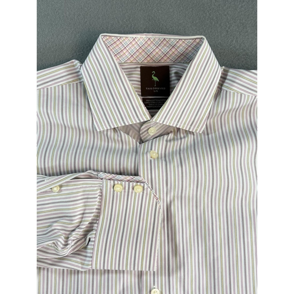 Tailorbyrd Dress Shirt Mens L 34/35 White Stripe Cotton Button Up Long‎ Sleeve